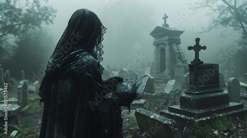Mystic Vision A BlackGloved Hand Holds The Hermit Tarot Card in a Foggy Moonlit Cemetery photo