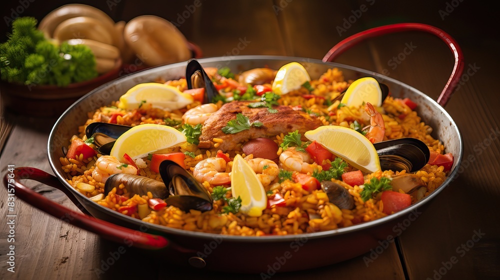 Illustration of a Spanish paella dish in a frying pan, on an abstract color background with a wooden table and cutlery Illustration of a Spanish paella dish in a frying pan, on an abstract color background with a wooden table and cutlery