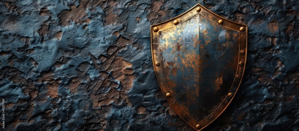 Fototapeta premium 3d render Metal shield on dark background. copy space