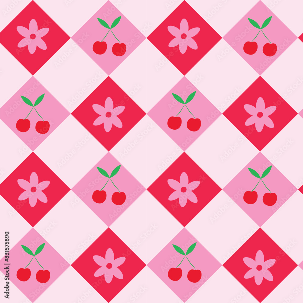 Red cherries and retro flowers on pink and red argyle shapes seamless pattern. For textile, fabric and tablecloth. Red cherries and retro flowers on pink and red argyle shapes seamless pattern. For textile, fabric and tablecloth.