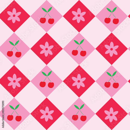Red cherries and retro flowers on pink and red argyle shapes seamless pattern. For textile, fabric and tablecloth.