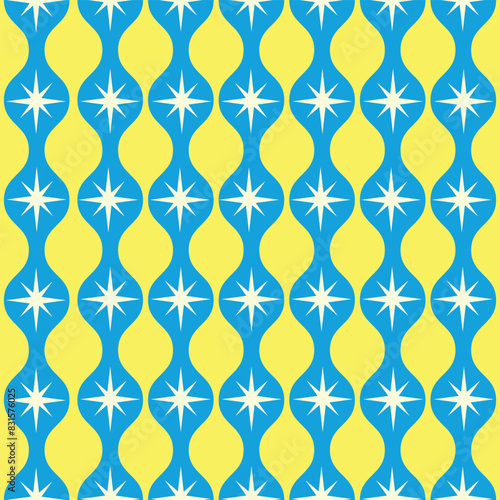 Mid Century atomic starburst on blue ogee seamless pattern on yellow background. For textile, retro backgrounds and home Décor
