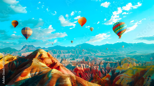 Ballons colorés au dessus du désert, montgolfières photo
