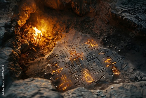 A group of hieroglyphs carved into ancient stone, illuminated by a torch. photo