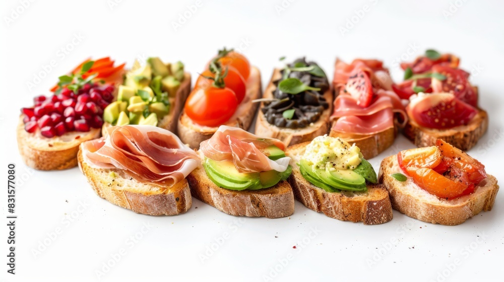 Side-View of Neatly Arranged Bruschettas with Avocado, Prosciutto, Tomatoes, and Pomegranate Seeds on White Background Side-View of Neatly Arranged Bruschettas with Avocado, Prosciutto, Tomatoes, and Pomegranate Seeds on White Background