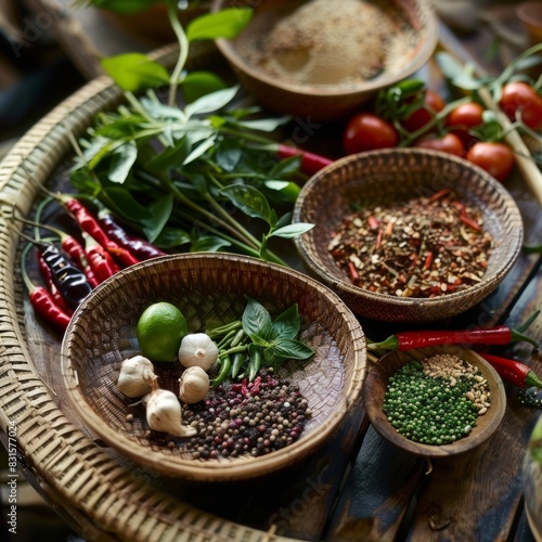 Exotic spices  ground and displayed on a tray with garnish. Thai  Chinese  Indian  Curry or Italy 
