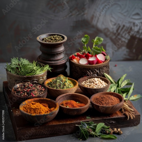 Exotic spices, ground and displayed on a tray with garnish. Thai, Chinese, Indian, Curry or Italy  © blinkstud.io