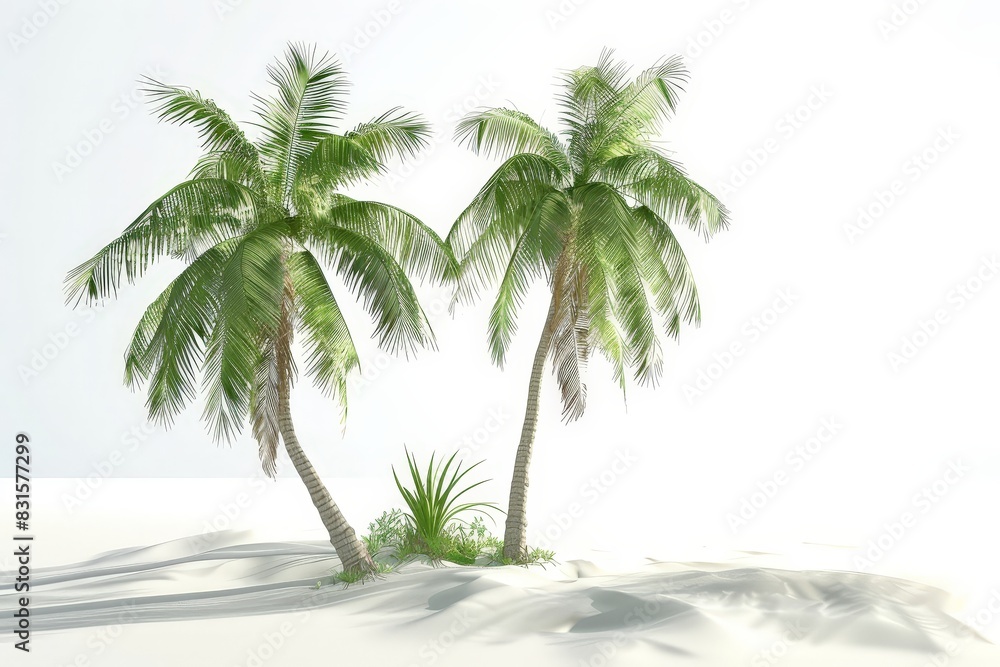 Obraz premium Summer Beach Day 3D renders two slightly curved growing palm trees. white background