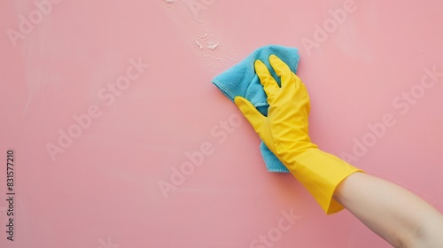 Employee hand in yellow rubber protective glove wiping pastel pink wall from dust with blue dry rag. General or regular cleanup. Commercial cleaning company. Copy space