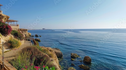 A rocky shoreline with a clear blue ocean in the background photo