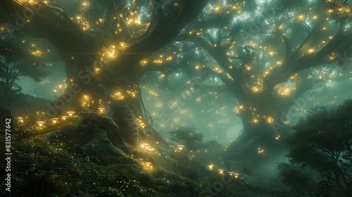 Ethereal Bioluminescent Mushroom Groves Radiating Mystic Inner Light in a Surreal Forest Landscape photo
