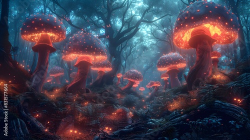 Bioluminescent Mushroom Groves A Psychedelic Art Peer into an Ethereal Forest photo