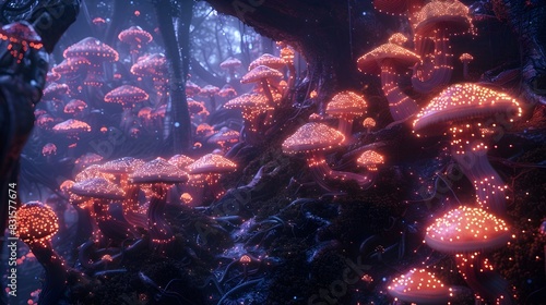 Bioluminescent Fantasy An Ethereal Forest of Glowing Mushroom Groves and Twisting Roots photo