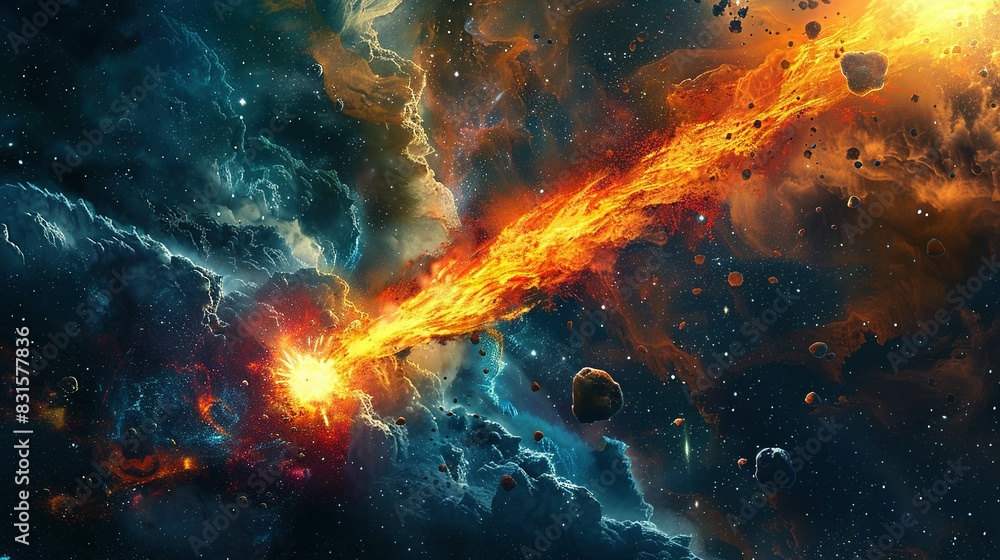 Abstract Space Background: Burning Comet and Flashing Laser