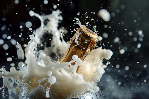 A high-speed capture of a champagne cork popping with froth and bubbles