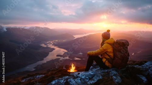 woman sitting by a campfire at the peak of a mountain with the sun setting in the distance