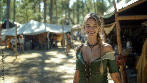 a woman smiles at a renaissance faire festival in the summertime