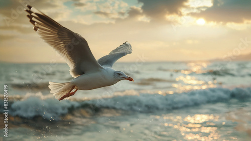 seagull flies through the sea air on a sunny day