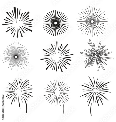 Set of hand drawn fireworks and sunbursts vector