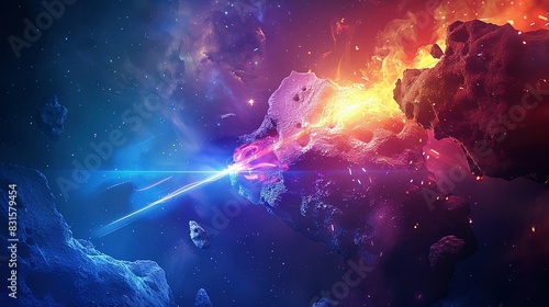 Space abstract background, burning comet, flash, laser through the stone, bright colors photo