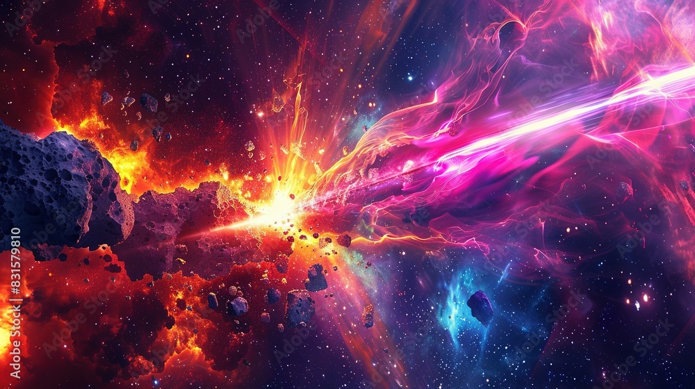 Space Scene: Flashing Laser and Burning Comet with Bright Colors Space Scene: Flashing Laser and Burning Comet with Bright Colors