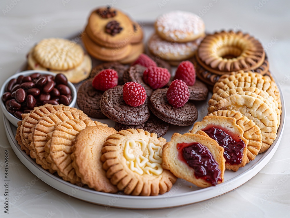 Delicious Selection of Gourmet Cookies on White Ceramic Plate - Culinary Treats Concept Delicious Selection of Gourmet Cookies on White Ceramic Plate - Culinary Treats Concept