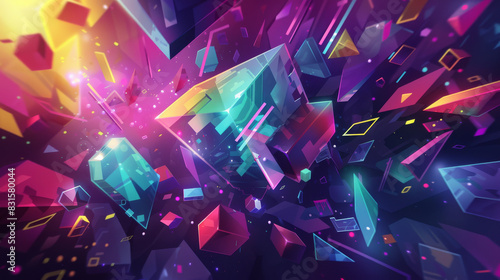Abstract digital art combining 2D shapes and 3D forms with bright colors, textures, and AR elements