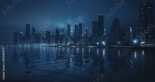 City Nightscape with Reflections on the Water