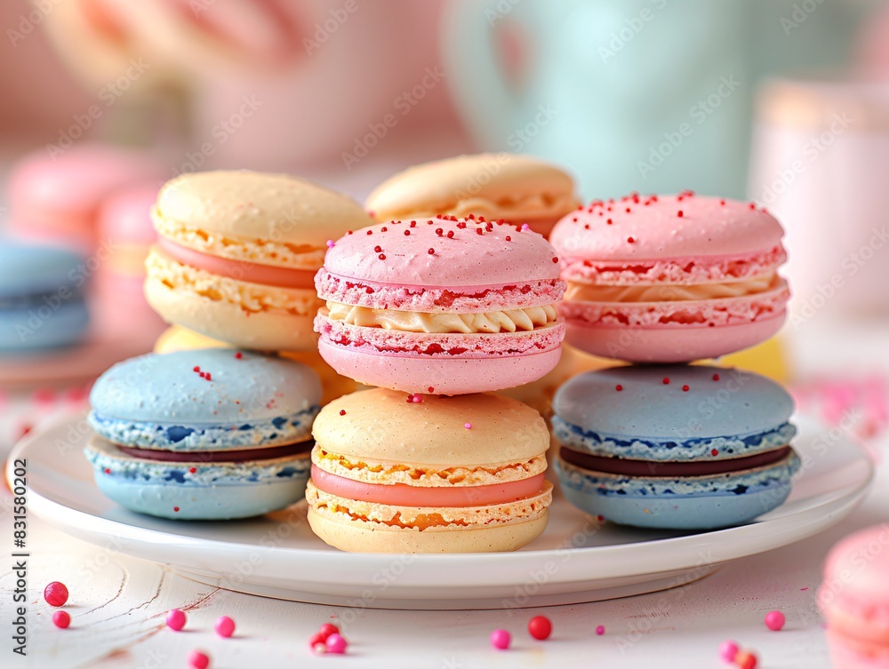 Sweet Delights - Colorful Macarons on White Plate in Pastel Kitchen Ambiance Sweet Delights - Colorful Macarons on White Plate in Pastel Kitchen Ambiance