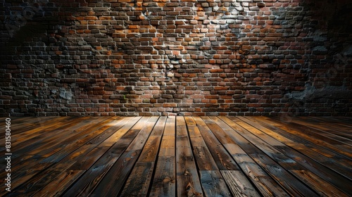 empty room with wooden floor with spotlight on brick wall background 