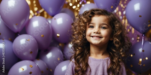 kid girl with purple balloons and confetti happy smiling on party concept background
