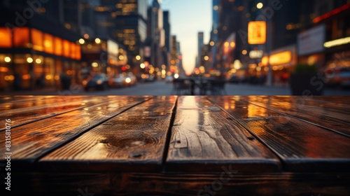 Empty wooden table and Coffee shop blur background with bokeh image.