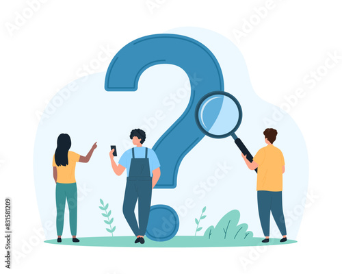 Research query, analysis of information and search for answer to question, FAQ. Tiny curious people look through magnifying glass at question mark, investigate problem cartoon vector illustration