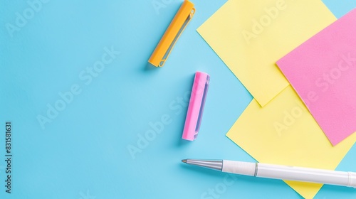 Bright yellow and pink sticky notes and white pen on light blue table background. Pastel color. Empty place for message, quote, sayings or other text for positive mood
