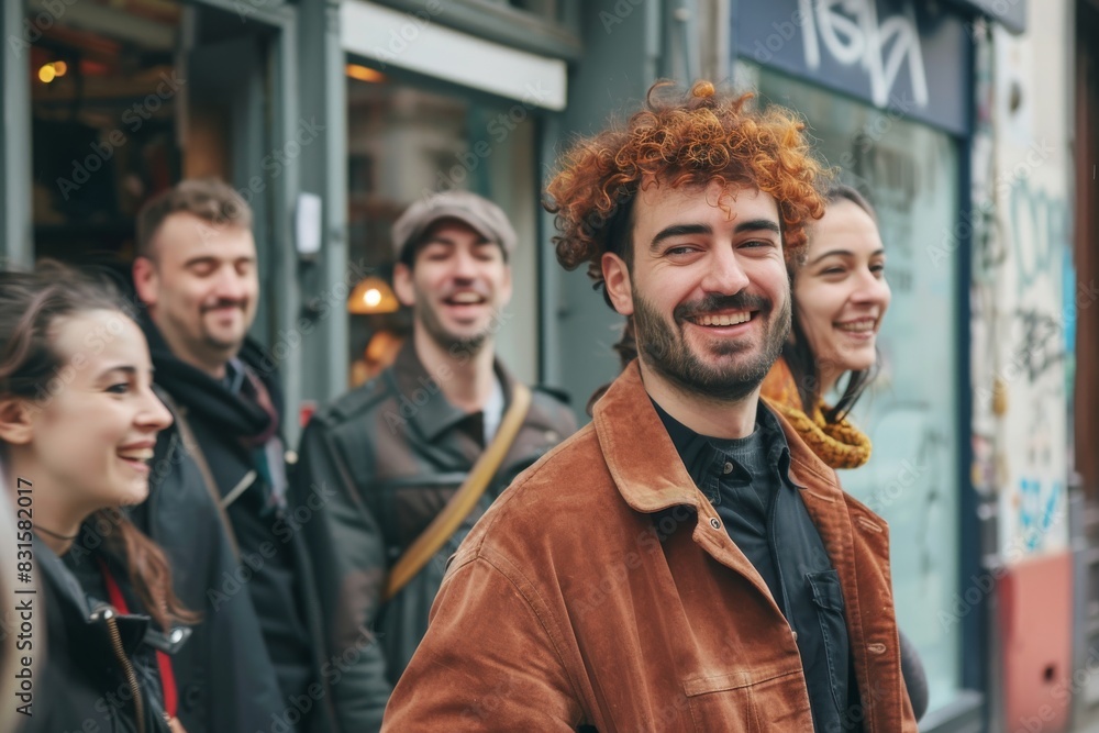 Group of friends walking in the city. Group of young people walking in the city. Group of friends walking in the city. Group of young people walking in the city.