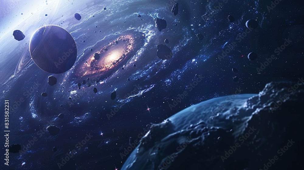 Naklejka premium Cosmic Galaxy Banner: Stunning Space View with Planets