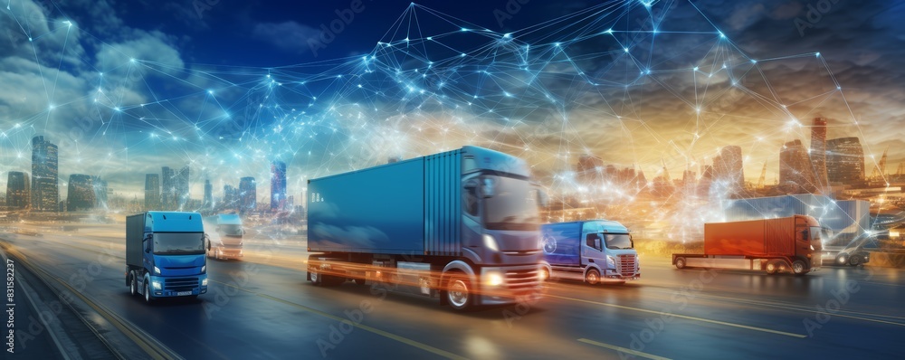 Trucks on a highway with a digital network overlay and cityscape background