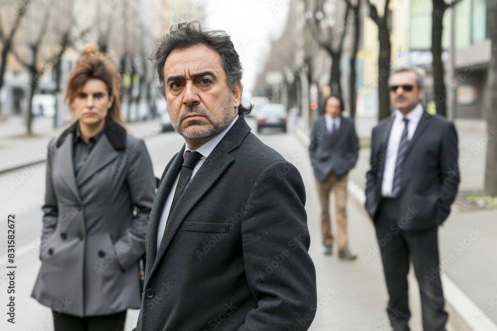 Businessman walking in the street with his colleagues in the background. Businessman walking in the street with his colleagues in the background.