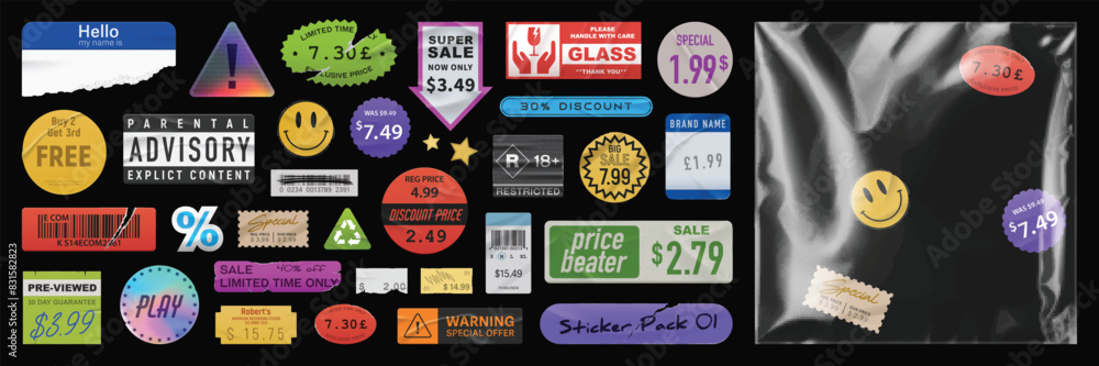 Trendy sticker pack with vinyl plastic wrap overlay. Vector sale and ...