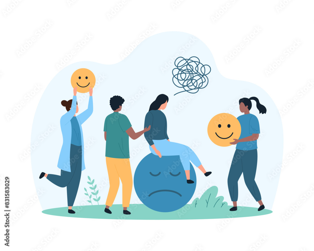 Mental health, changes in mood and emotions, emotional intelligence. Tiny people comforting woman with stress sitting on sad emoji, characters offer happy emoticons cartoon vector illustration Mental health, changes in mood and emotions, emotional intelligence. Tiny people comforting woman with stress sitting on sad emoji, characters offer happy emoticons cartoon vector illustration