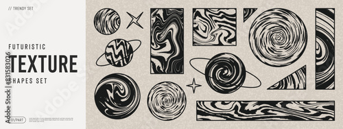Futuristic vector texture set. Psychedelic shapes, liquid forms, abstract fluid, vintage elements. Y2k techno design shapes.