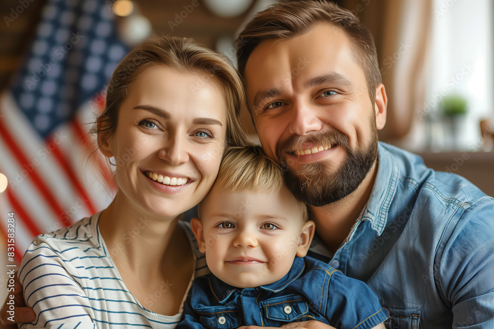 Portrait of happy american parents with baby on the background of the US flag, the concept of family patriotism Portrait of happy american parents with baby on the background of the US flag, the concept of family patriotism