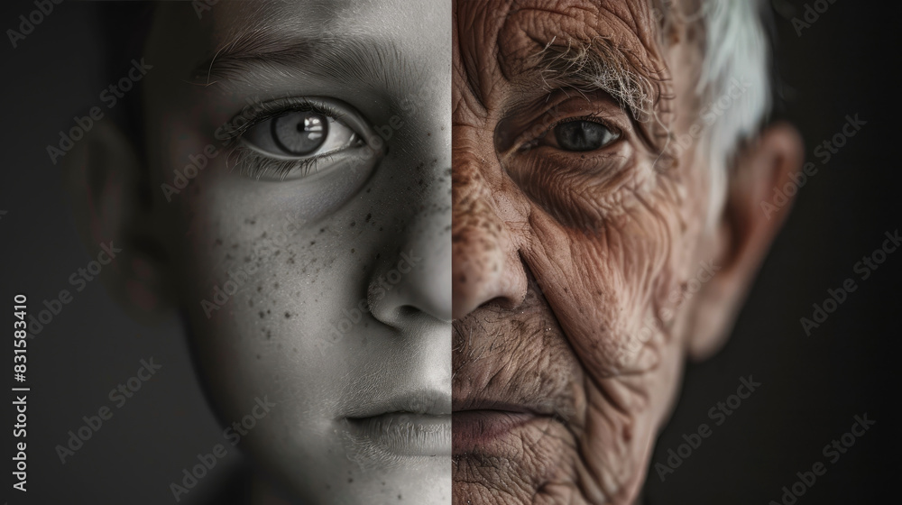 Photo of a man divided in two. As a child and as an elder man Photo of a man divided in two. As a child and as an elder man