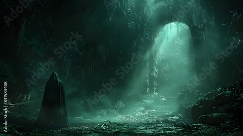 Moonlit High Priestess A Gothic Cave Enshrines the Esoteric Symbol of Mystical Spirituality