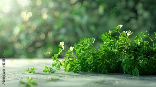 Fresh italian parsley on the table. Green parsley in white table and yellew background photo