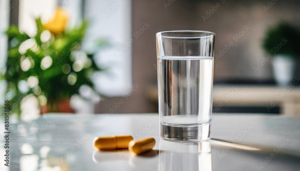 Pill on kitchen counter beside water glass, symbolizing health, medication, and daily routine, against a clean white backdrop Pill on kitchen counter beside water glass, symbolizing health, medication, and daily routine, against a clean white backdrop