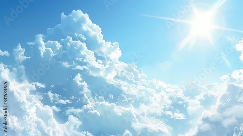 Panorama of blue sky and soft white cumulus clouds in the summer sun as a background. Copy space realistic hyperrealistic  