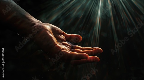 hand holding light rays in the darkness  hope concept