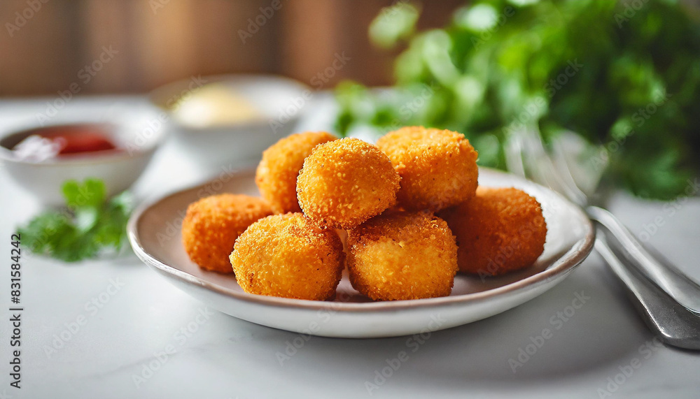 Crispy cheese croquettes arranged on white plate, kitchen background blurred Crispy cheese croquettes arranged on white plate, kitchen background blurred