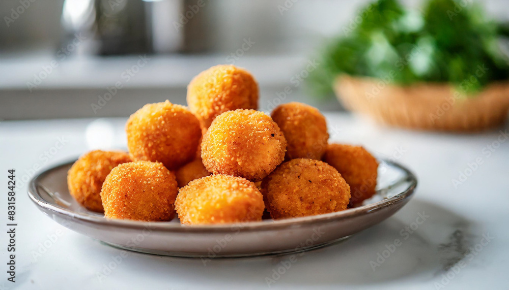 Crispy cheese croquettes arranged on white plate, kitchen background blurred Crispy cheese croquettes arranged on white plate, kitchen background blurred